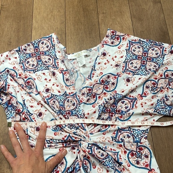 Love Kuza wrap jersey shortsleeve slit blue red red made in USA size S - Picture 13 of 13